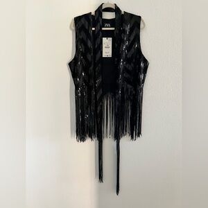 Zara Black Sequin Fringe Vest